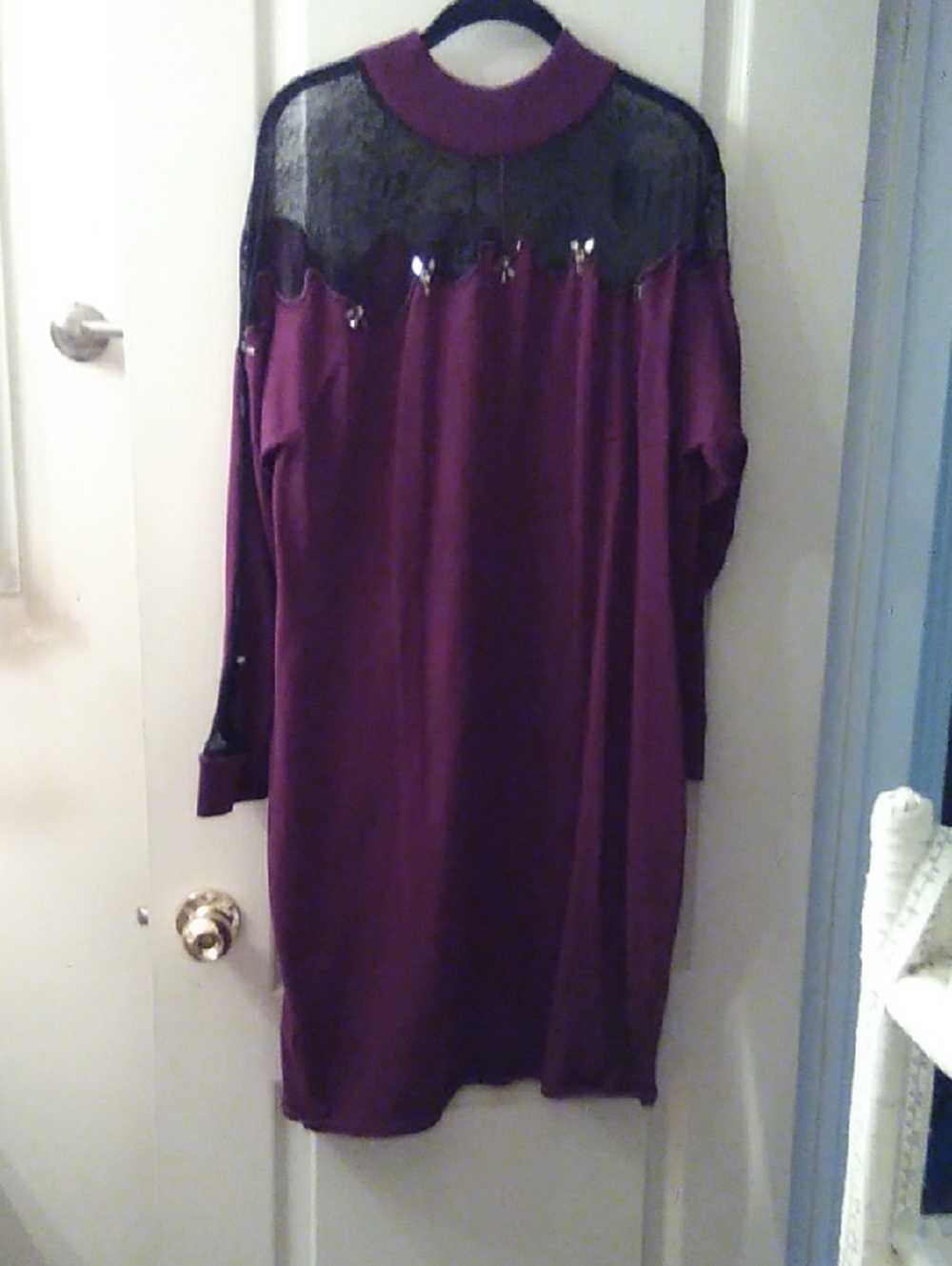 VENUS Long Sleeve Dress with Black Lace Yoke in Deep Plum